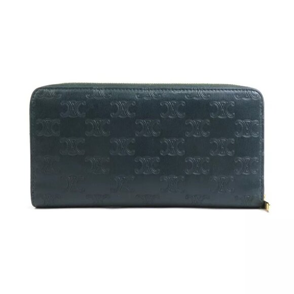 Auth CELINE Triomphe Zip Around Long Wallet Dark Green Leather authentic - Picture 1 of 16